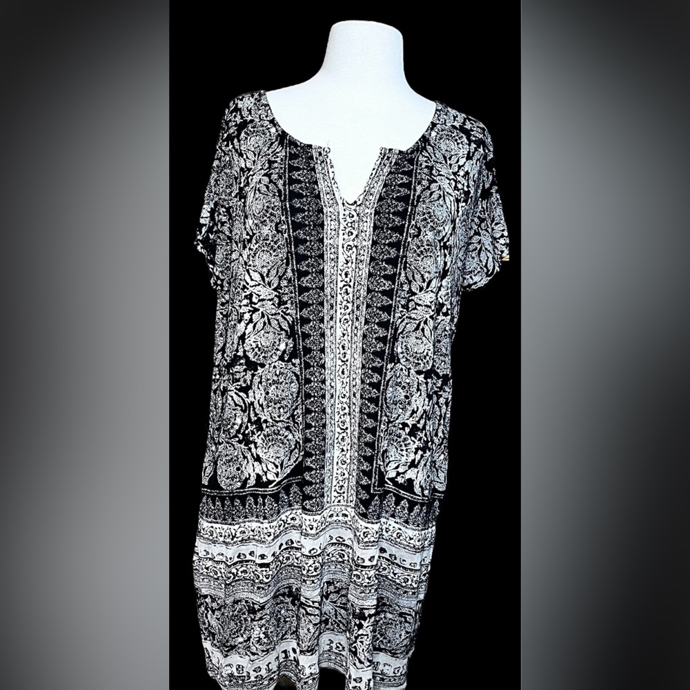LUCKY BRAND Dress Geometric Black and White Floral Tunic Women’s Size L